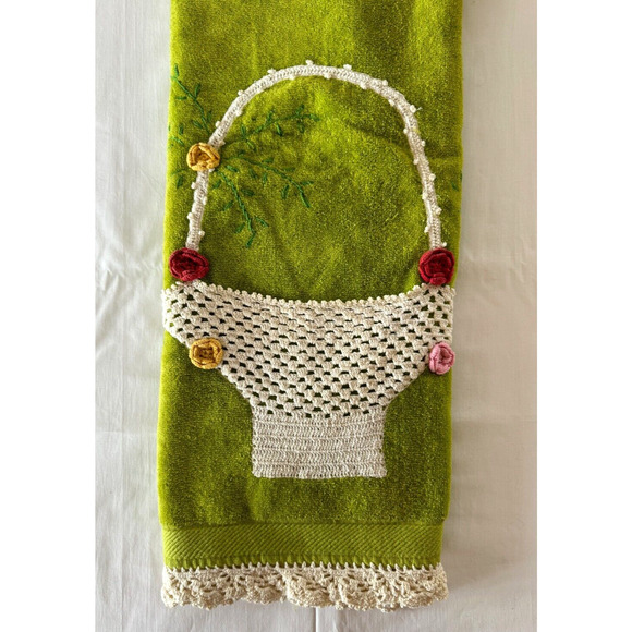 VTG Sears Green Terry Embroidered Lace Bath Towel Wash Cloth Set Flower Basket - Picture 1 of 10